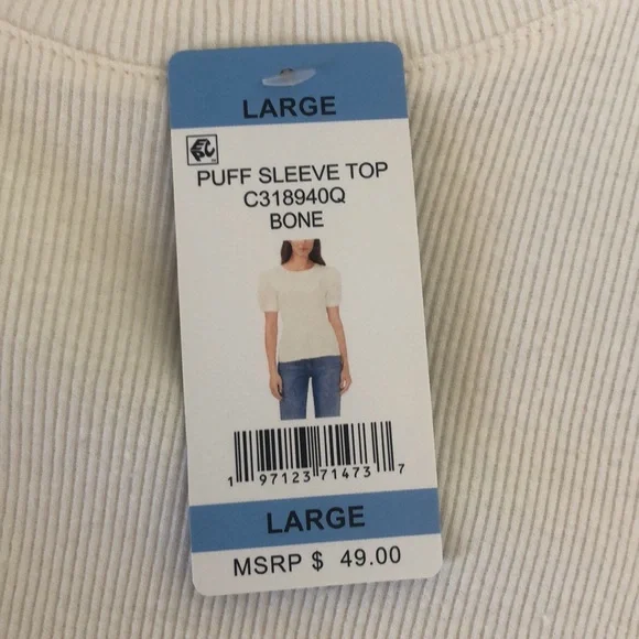NWT Vince Camuto Puff Sleeve Top Bone Short Sleeve New Ribbed Size Large L New - Picture 8 of 8